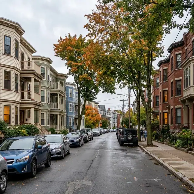 Boston neighborhood street lined with brick and bay front rowhouses in autumn