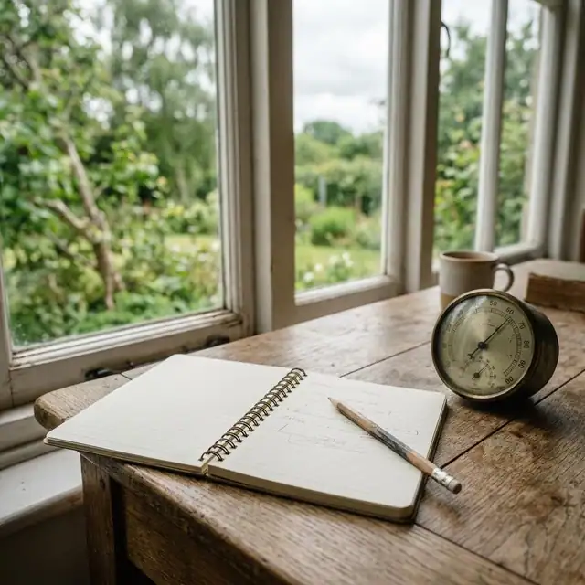 Open notebook and gauge on a wooden table beside a window