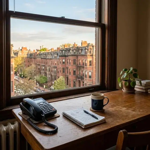 Desk phone and notebook beside a window overlooking Boston brick rowhouses