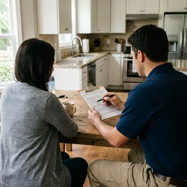 Property owner and technician reviewing a checklist at a kitchen table