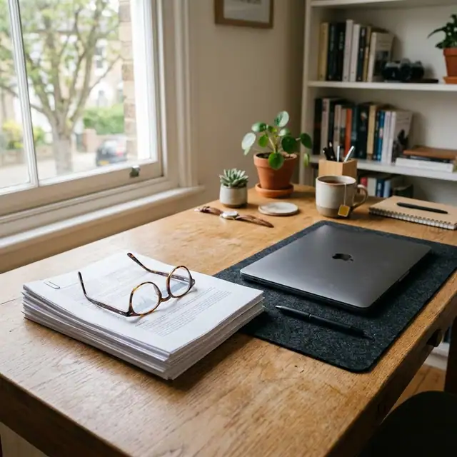 Papers, glasses and a laptop on a wooden desk