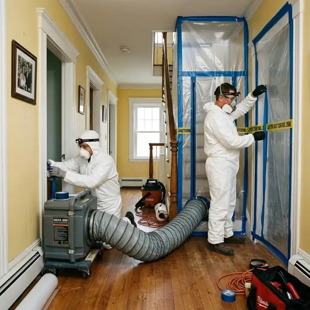 Technicians in protective suits setting up a sealed containment barrier and air machine in a hallway