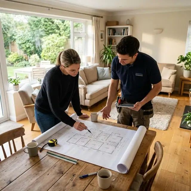 Property owner and technician reviewing a plan on a table in a living room
