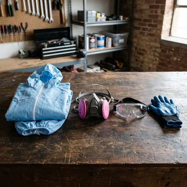 Protective suit, respirator, goggles and gloves laid out on a wooden table