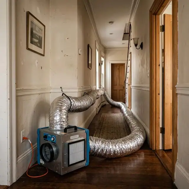 Air scrubber with flexible ducting set up in a hallway